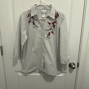 Alfred Dunner Women's White Black Stories Floral Design Button Up‎ Blouse Size S